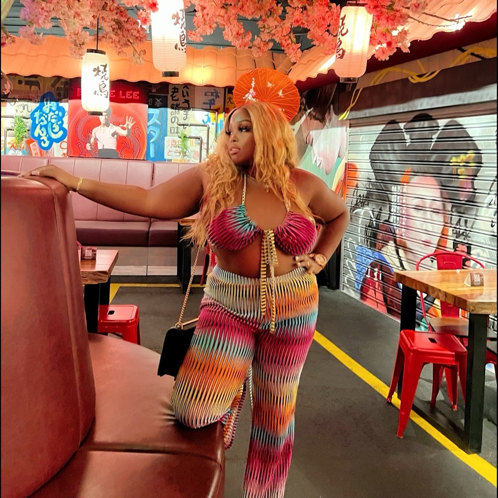 Long colorful 2pc bikini top style w/ pants set